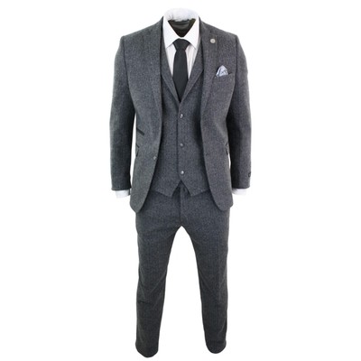 Pre-owned Truclothing Mens Grey Black 3 Piece Tweed Suit Herringbone Wool Vintage Retro In Charcoal