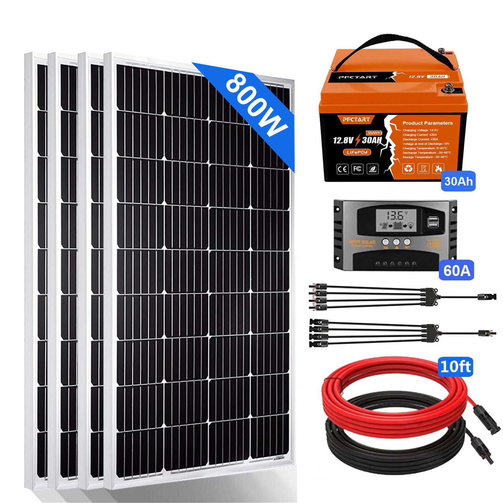 800W 3.2KWH/Day Mono Solar Panel Kit With Lithium Battery 12