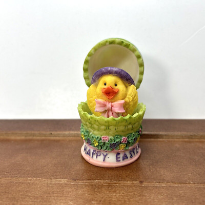 Vintage Hand-Painted Resin Hinged Egg Chick Happy Easter 3.5'' Figurine Decor