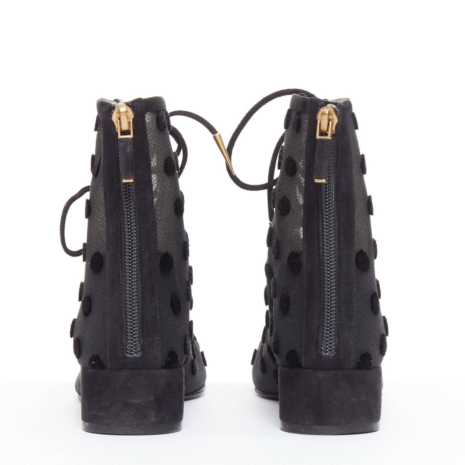 DIOR Naughtily-D black polka dot mesh gold tip ankle boots