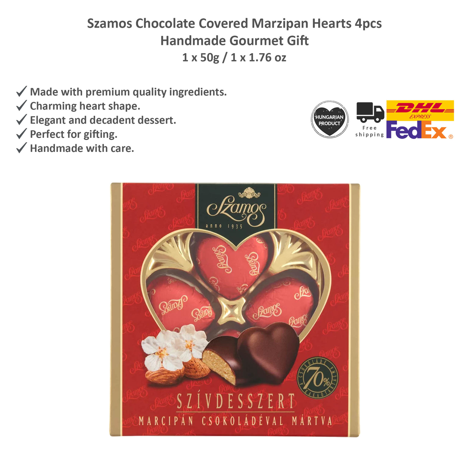 Szamos Chocolate Covered Marzipan Hearts 4pcs, Handmade Gourmet Gift 50g x 1
