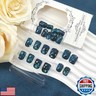 Dark Blue Press on Nails Short Fake Nails Starry Sky Nails Press ons Glossy Acrylic Nails Summer Glue on Nails Cute False Nails with Gold Stars Designs Square Stick on Nails for Women 24Pcs