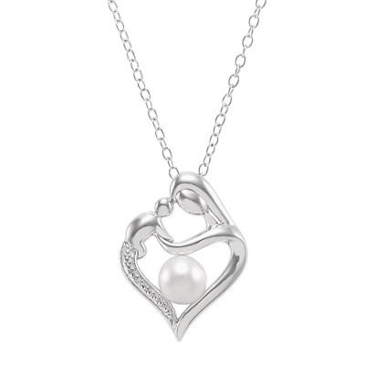 Finecraft Pearl Mother & Child Heart Necklace with Diamond in Silver, 18''