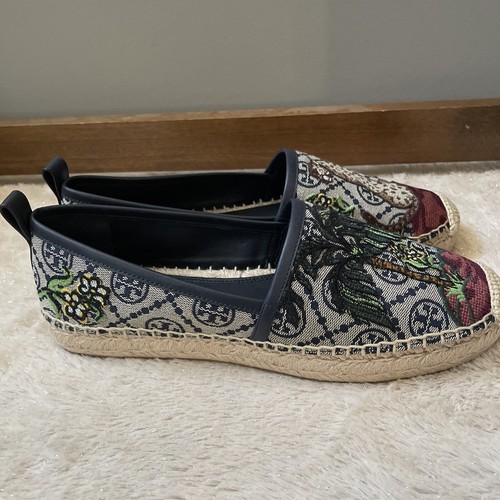 Pre-owned Tory Burch T Monogram Platform Espadrille Cheetah Needlepoint Navy Size 9 In Blue