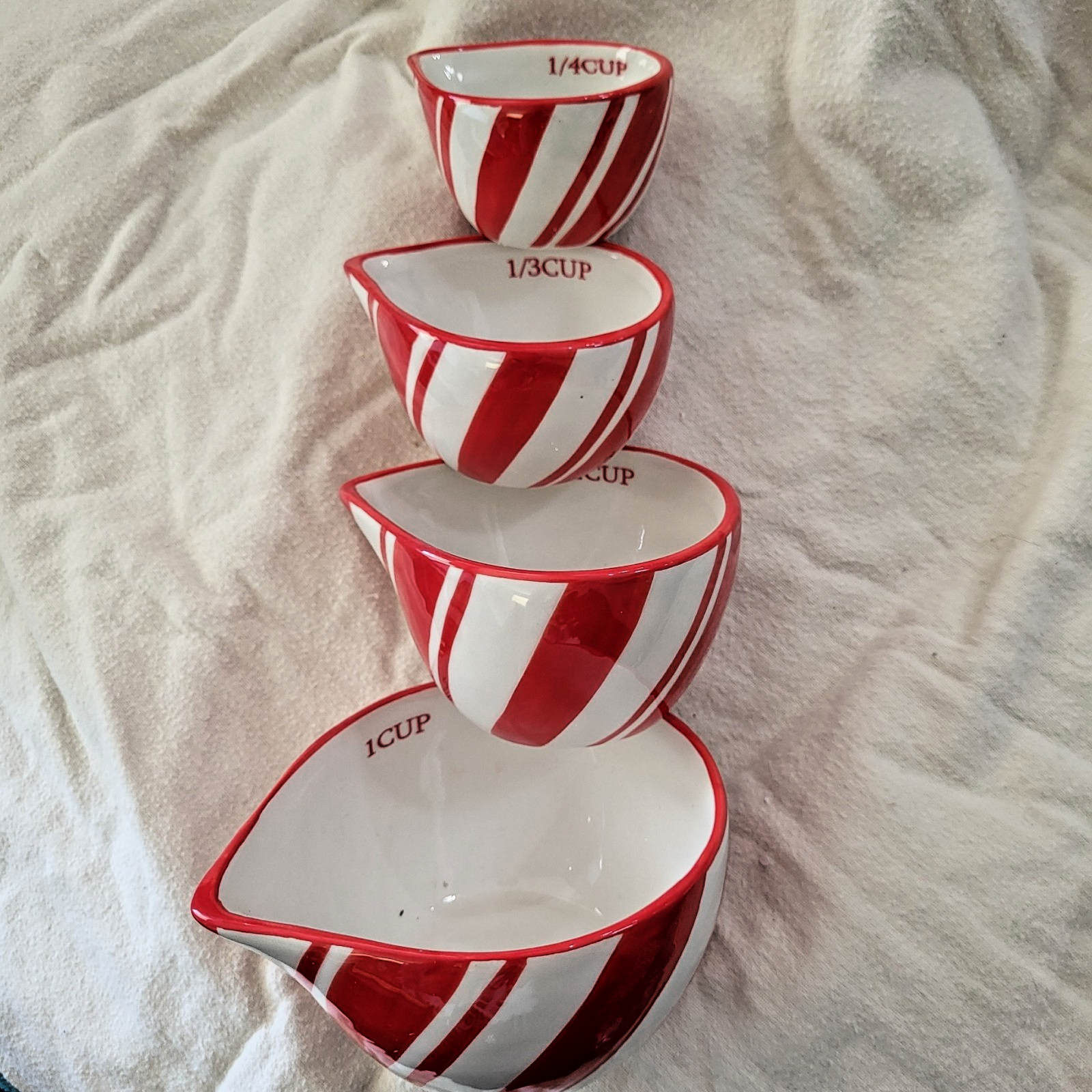 Red & White Measuring Cup Set of 4 Ceramic 1/4, 1/3, 1/2, 1 Cup Candy Cane