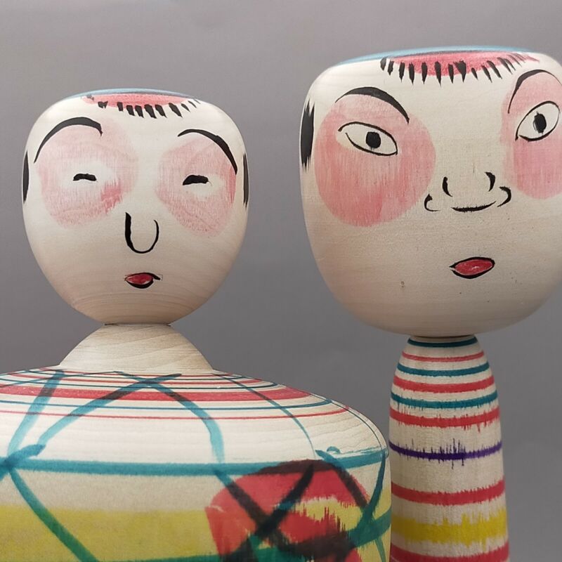 Japanese wooden doll pair Tako Bozu kokeshi and ejiko Kakizaki Fumio Nakanosawa