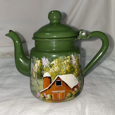 Vintage mini small green enamelware TeaPot with hand-painted country farm scene