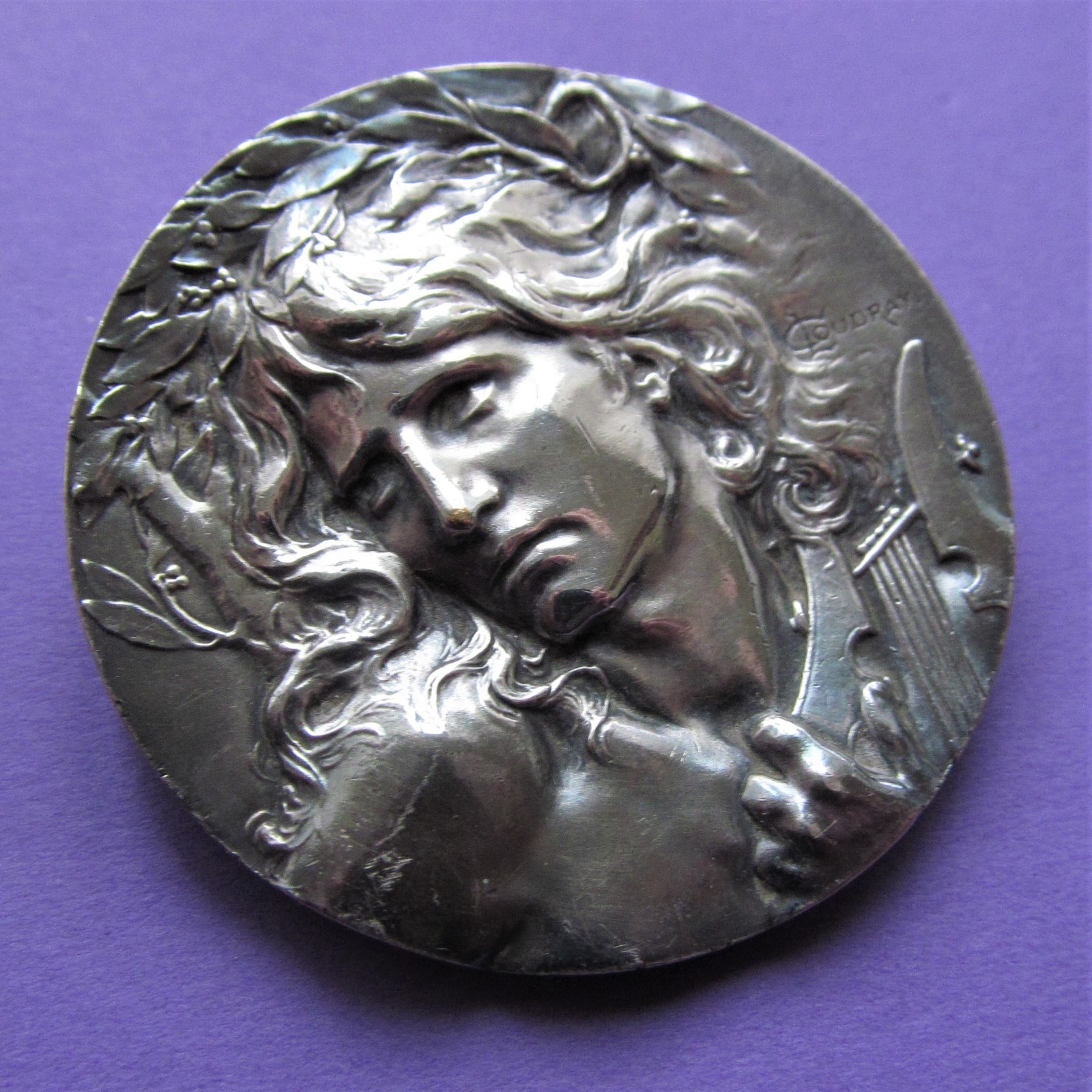 Orpheus With A Lyre Antique French Art Medal Brooch Signed Coudray