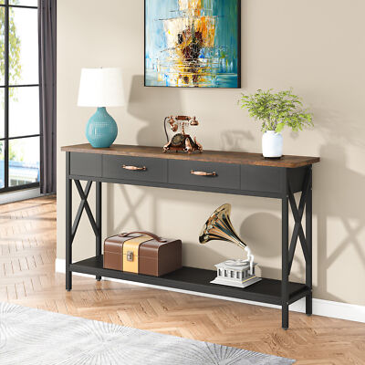 Modern Console Table with 2 Drawers, Long Narrow Sofa Table with Storage Shelves