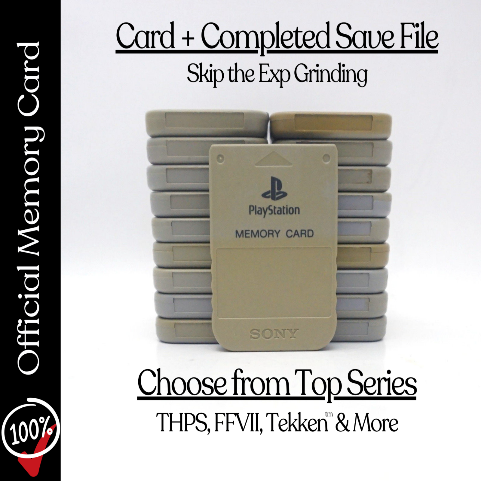 Sony Playstation 1 PS1 Memory Card OEM + Completed 100% Save File