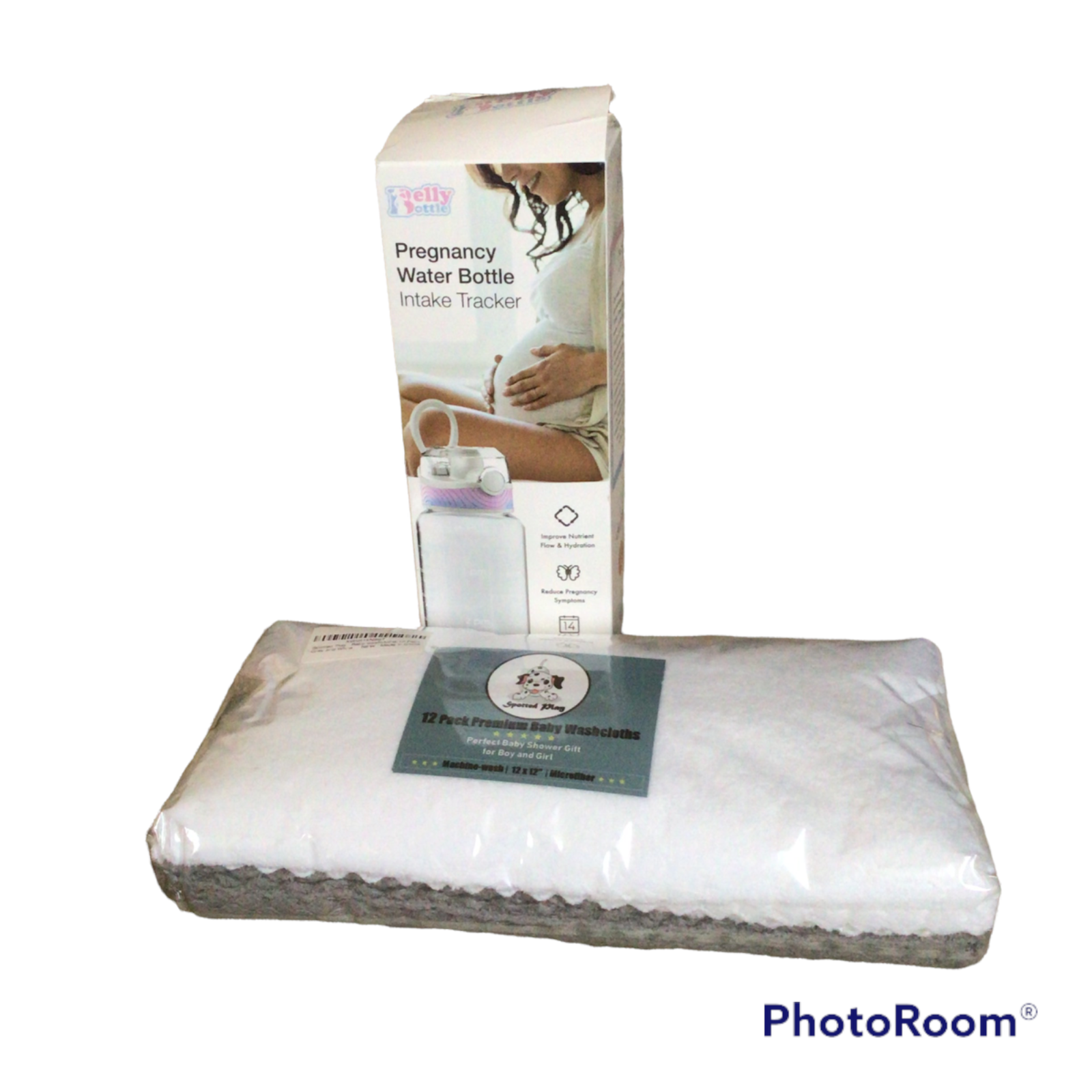 BELLYBOTTLE Pregnancy Water Bottle Intake Tracker & 12 pk Baby washcloths.READ