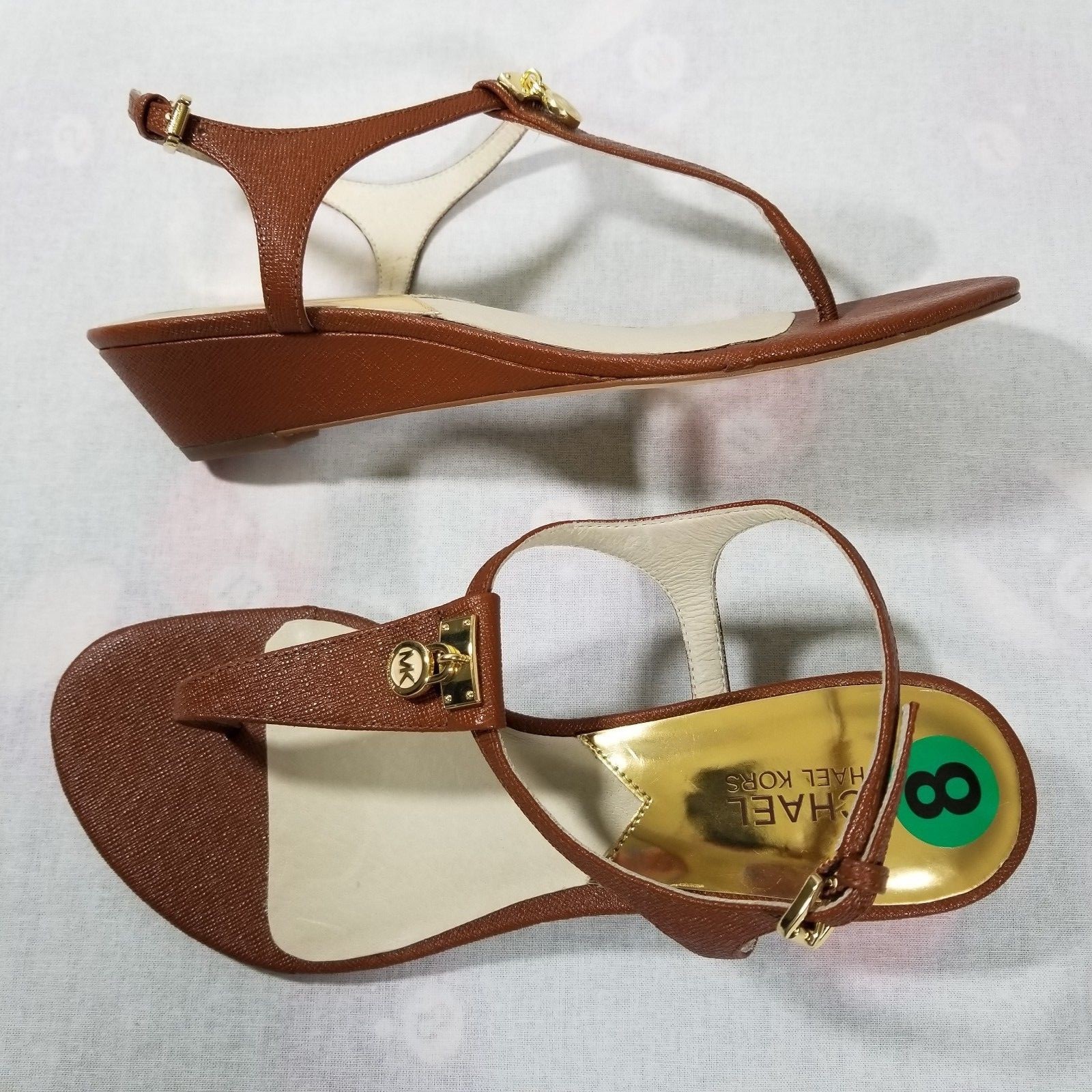 Michael Kors Hamilton Thong Sandals Wedge Heel Platform Leather Brown Size 8