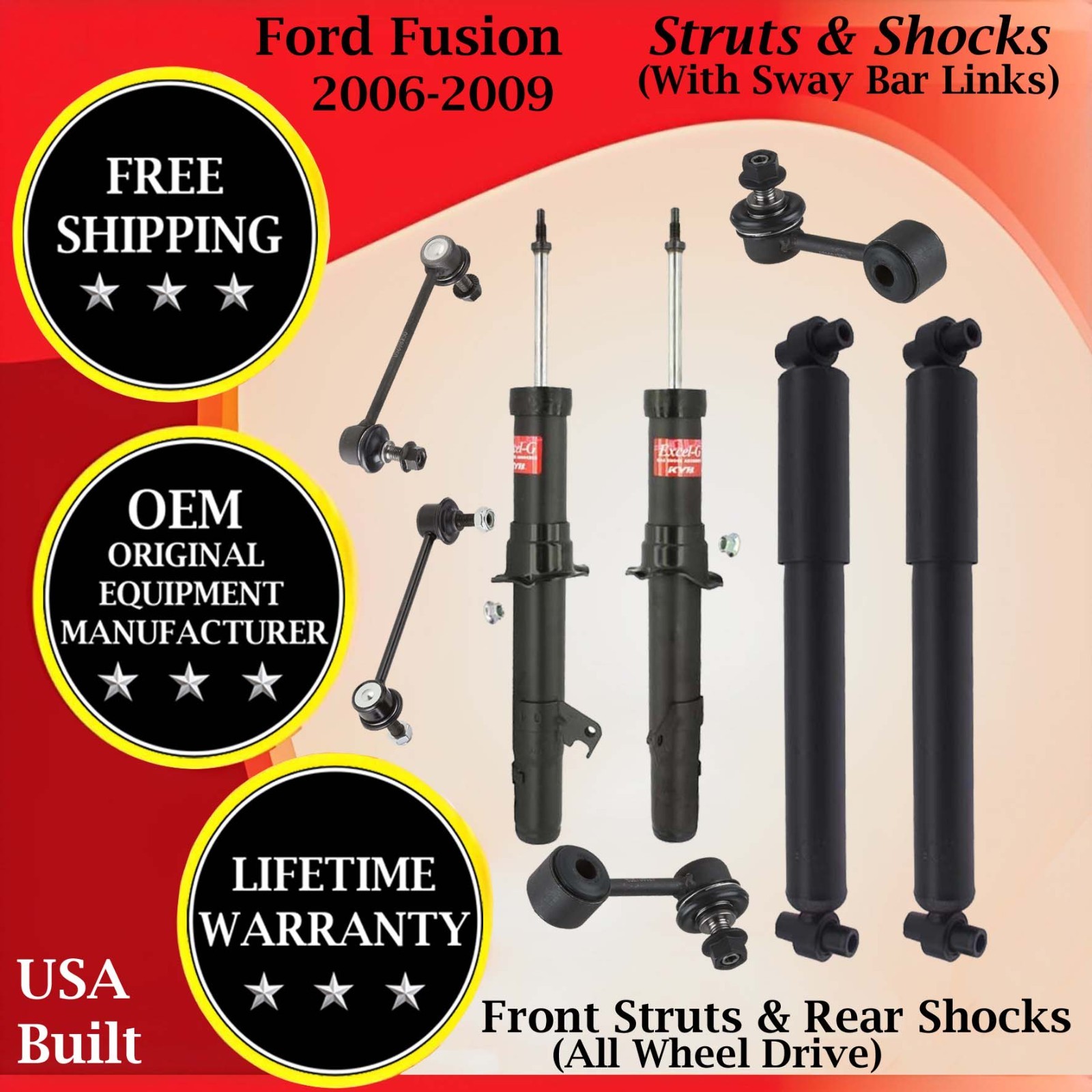 KYB Front Struts & Rear Shocks W/Sway Bar For 2006-2009 Ford Fusion 4X4 9 Yr Wa.