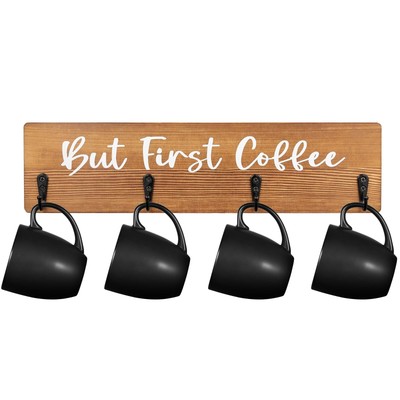 Coffee Mug Holder Wall Mount Wooden Coffee Cup Holder But First Coffee Rustic...