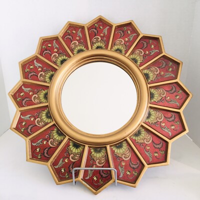 Edmundo Contreras Red Sunflower Mirror Hand Painted Reverse Glass Petals 18.5''