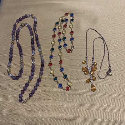 Lot 3 Necklaces Purple Beads Multi Colored Orange Rhinestones