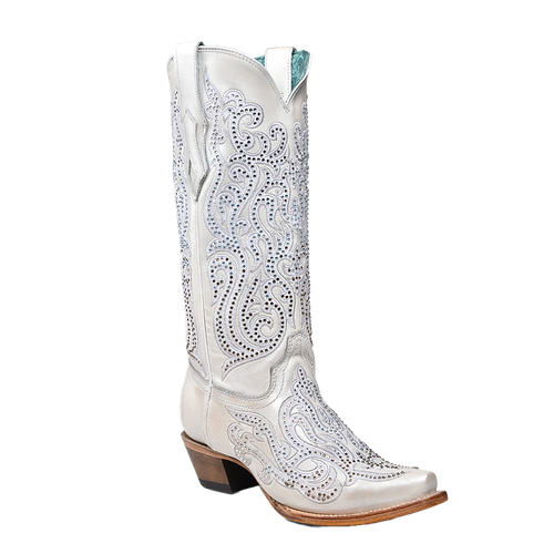 Pre-owned Corral Boots Corral Ladies White Embroidery & Crystals Snip Toe Western Boots C4103