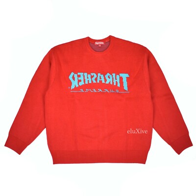 NWT Supreme Thrasher Red Jacquard Knit Logo Crewneck Sweater