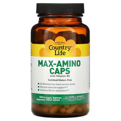 Country Life Max-Amino Caps с витамином B-6 180 растительных капсул без глютена, GMP