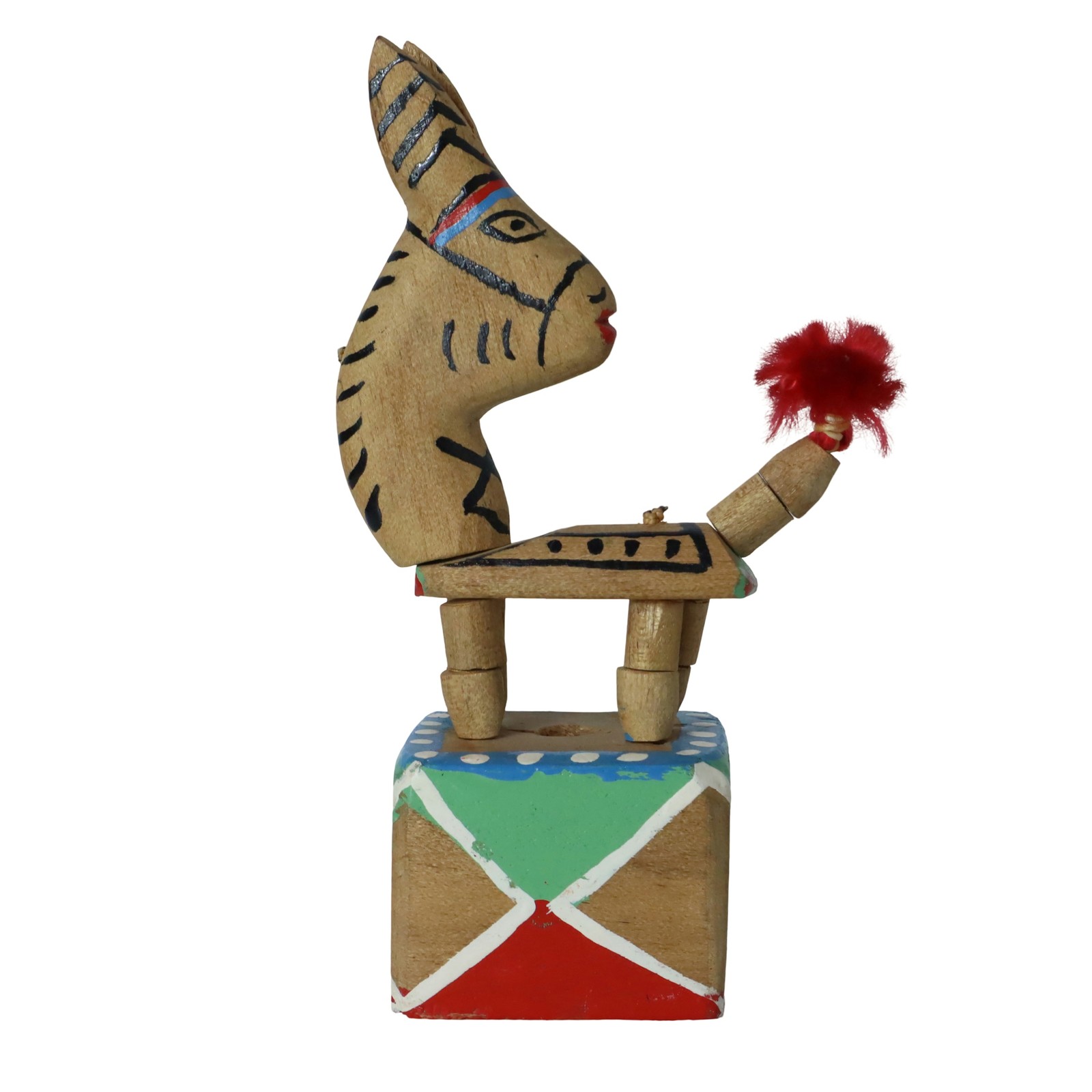Vintage Russian USSR Push Puppet Hand Painted Wooden Folk Art Donkey Figure