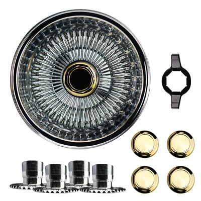 14x7 Rev 100 Spoke SS Straight Lace Lowrider Wire Wheels, Hex Cut Gold KO, Set