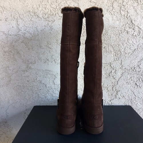 Pre-owned Ugg Classic Berge Tall Dark Toast Suede Shearling Knee High Boots Size 9 Women