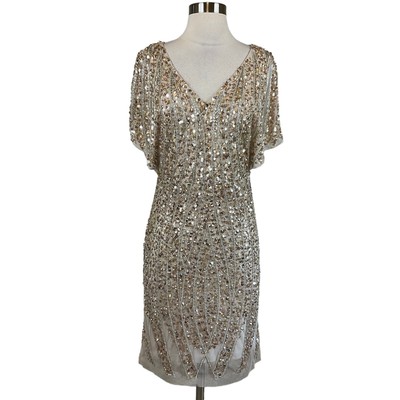 Adrianna Papell Women's Cocktail Dress Size 4 Gold Sequin Short Sleeve Sheath