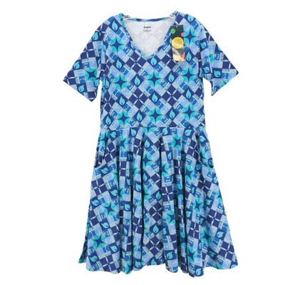 NWT SVAHA Short Sleeve Dress Organic Cotton Blue Geometric Fit Flare Size LARGE