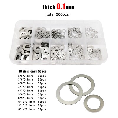 500/1200pcs M3-M8 304 A2 Stainless Steel Ultra Thin Flat Washer Shim Set Kit Box