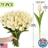 Janinka 75pcs Artificial Tulip Flowers Fake PU Tulips Faux Latex Bouquet Flower Centerpieces Arrangement Floral for Mother Day Wedding Spring Decorations (Milk White)