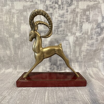 Vtg Art Deco Revival BRASS Ram Ibex Mouflon Sable Antelope MCM Wood Base ARIES