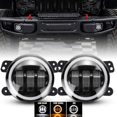 Pair 4'' Inch Round LED Fog Lights Halo Driving Lamps for Jeep Wrangler JK TJ LJ
