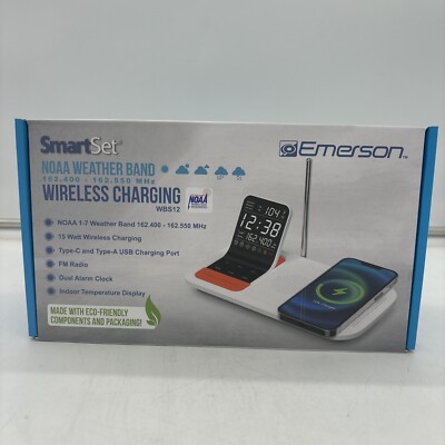 Emerson SmartSet Weather Band Dual Alarm Clock Radio, 15W Wireless  Charging