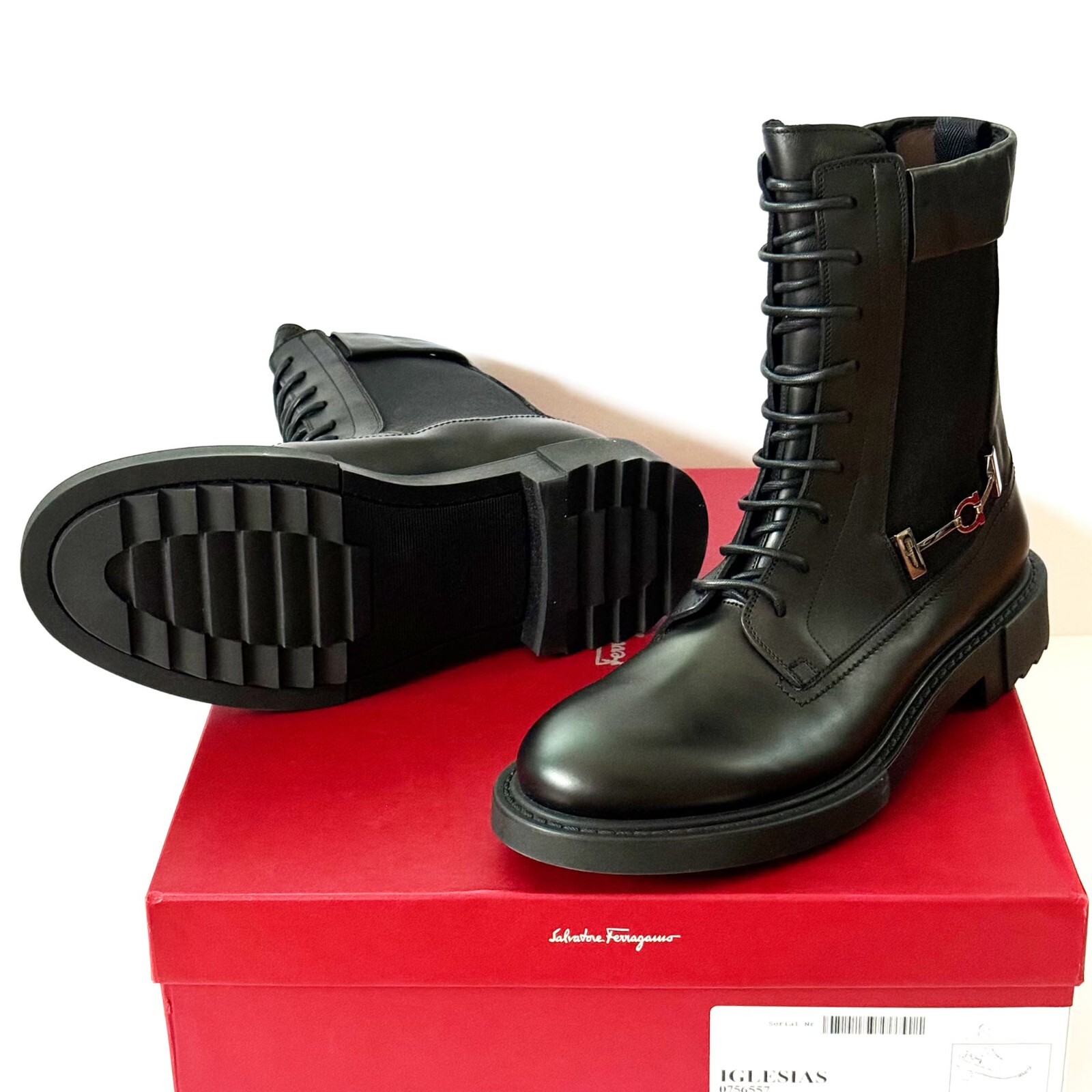 Pre-owned Ferragamo Men's Iglesias 13 Ee Black Leather Combat Gancini Boots Dress Casual