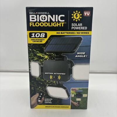 New Bell and Howell Bionic Black Solar Powered 108 cob LED Floodlightwide Angle