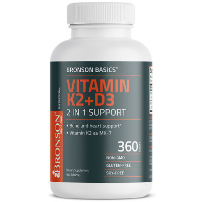 Bronson Vitamin K2 MK7 с поддержкой D3 2 в 1, без ГМО, 360 таблеток