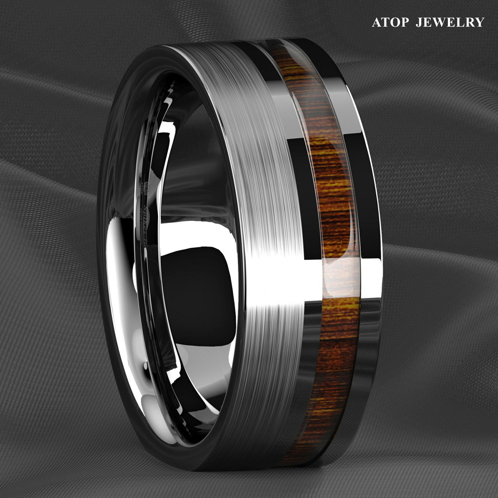8mm Silver Brushed Tungsten Carbide Ring Off Center Koa Wood ATOP Wedding Band