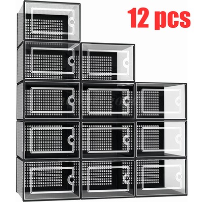 12PCS Shoe Storage Box Plastic Stackable Shoe Organizer Containers Holders Black