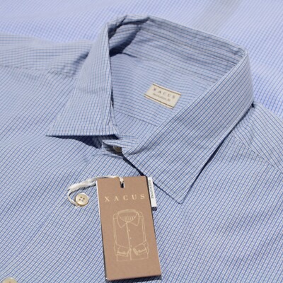 Xacus NWT Casual Button Down Shirt Size 17.5 44 In Blue With White Plaid Cotton