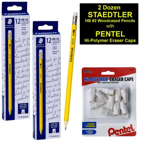 2 Dz Staedtler HB #2 Woodcased Pencils with Pentel Hi-Polymer Eraser Caps
