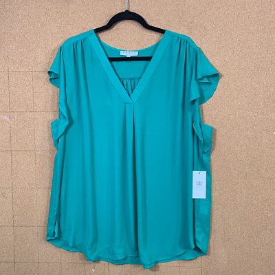 Chaus New York Women s 2XL Kelly Green Flare Short Sleeve V Neck Blouse Top