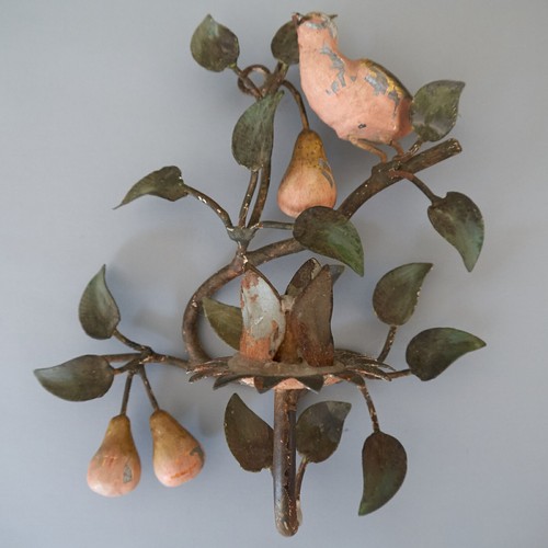 VTG Pair Shabby French Chic Toleware Wall Sconce Candle Holder Birds Pears x 2