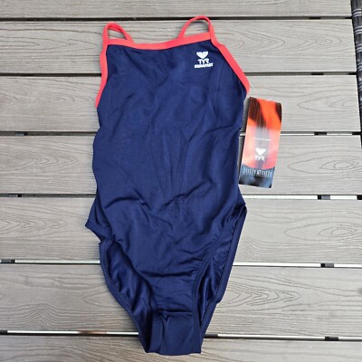 TYR Durafast YOUTH Girl Alliance  Ringback 1pc Swimsuit Navy/Red Size 24  NEW