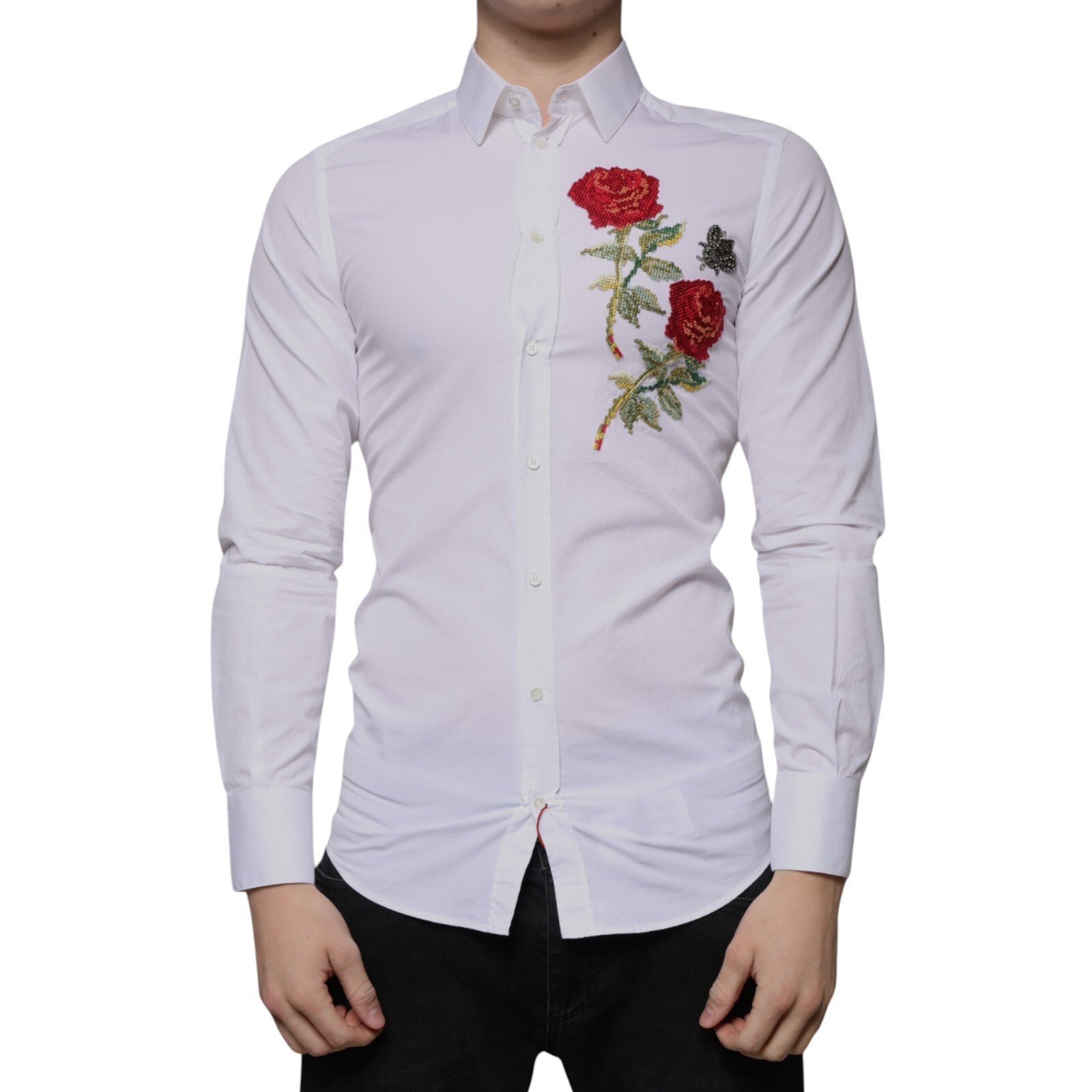DOLCE & GABBANA Shirt White Floral Embroidery GOLD Men Dress