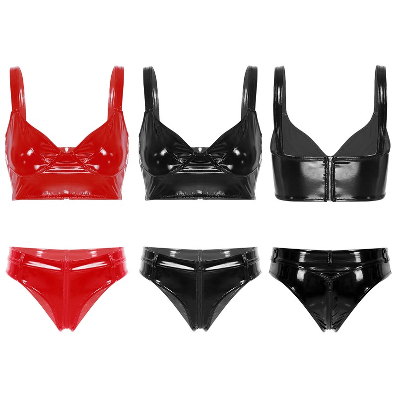 Women Patent Leather Lingerie Outfit Clubwear Crop Top Bra with Low Waist Briefs