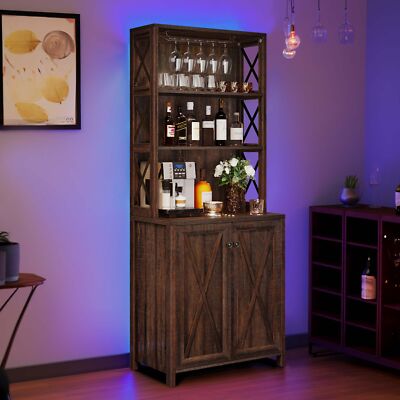 Home Bar Cabinet Liquor Bottle Display Shelf Kitchen Tall Cabinet with Wine Rack