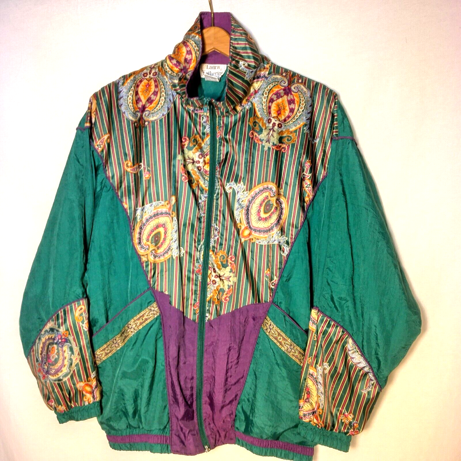 90s ライダースジャケット　緑　フリンジ　y2k　vintage Laura Katherine Windbreaker Jacket Small Nylon Green Paisley