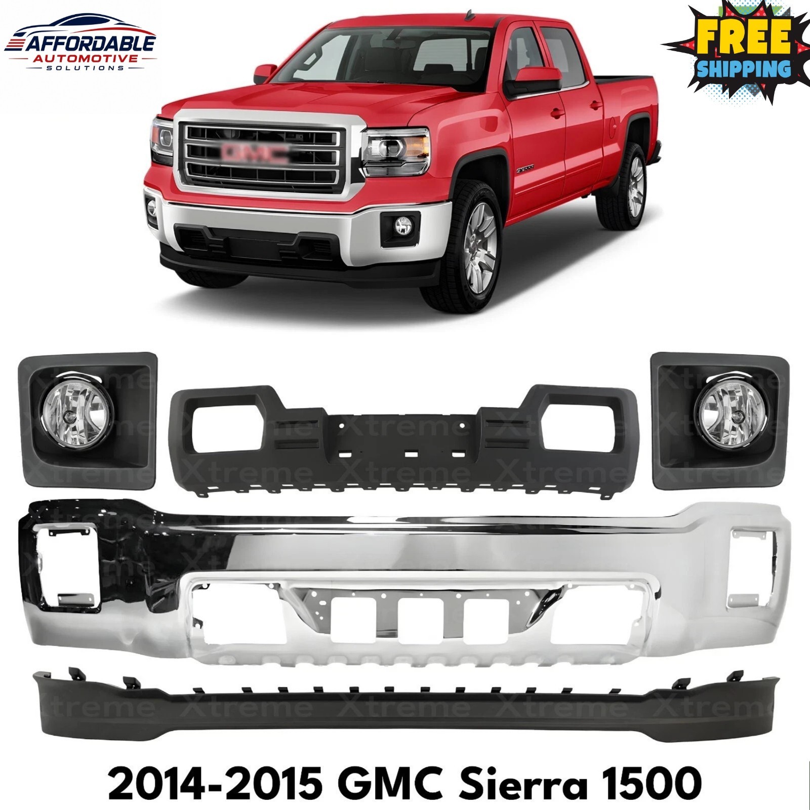 Front Bumper Chrome Steel & Skid Plate Plastic Kit For 2014-2015 GMC Sierra 1500