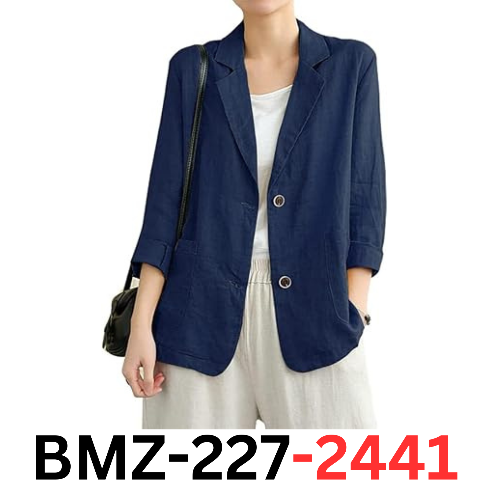 Cotton Linen Blazer for Women Long Sleeve Loose Casual Blazer Jackets (Navy, L)
