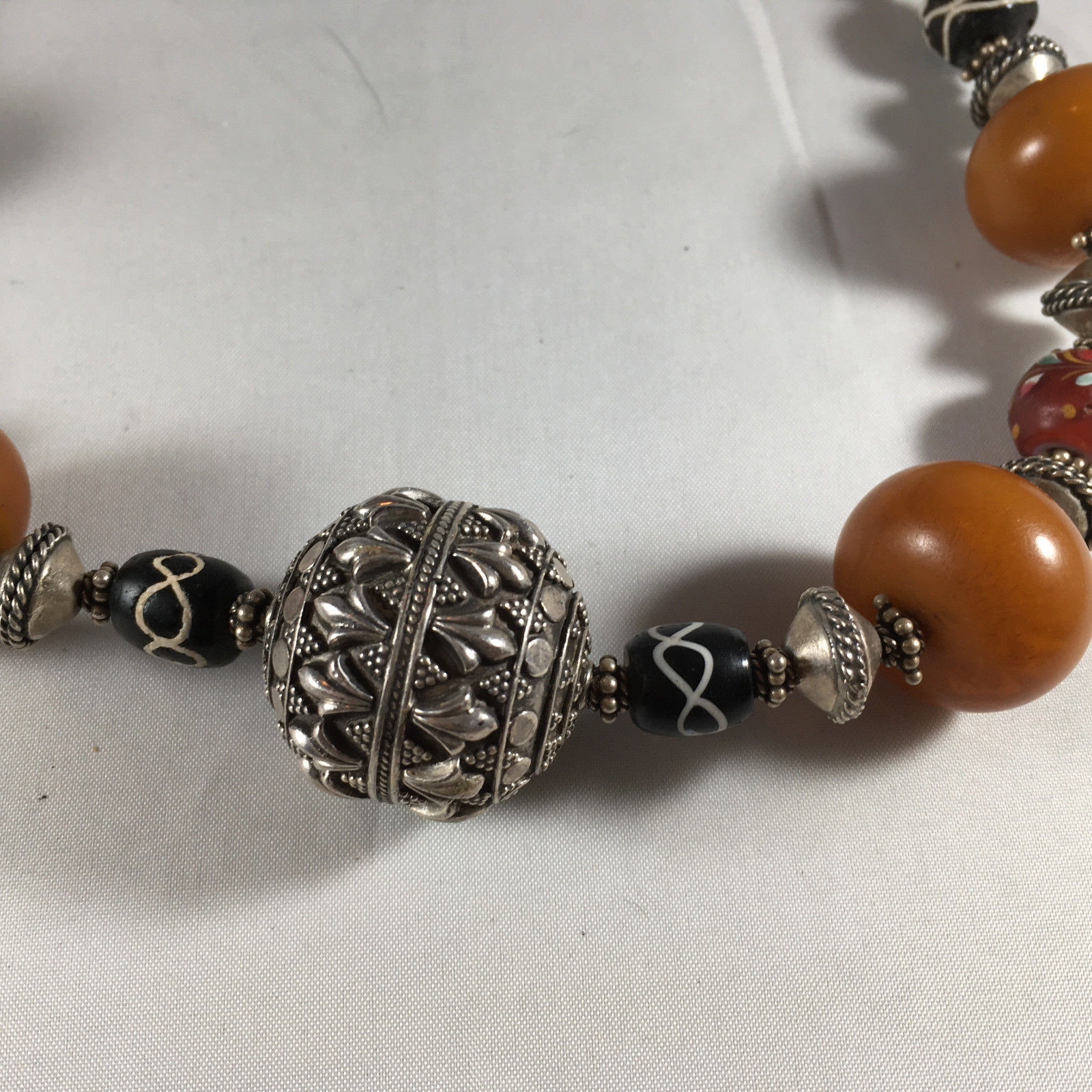 Vintage African Trade Bead Necklace with Amber and Sterling silver Ball pendant